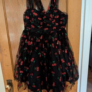 Unique Vintage Black Dress with Red Cherries